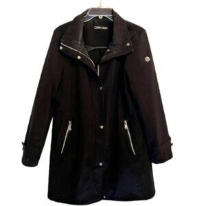 Calvin Klein Zip Pockets Longline Coat Jacket Faux Leather Trim Black Large